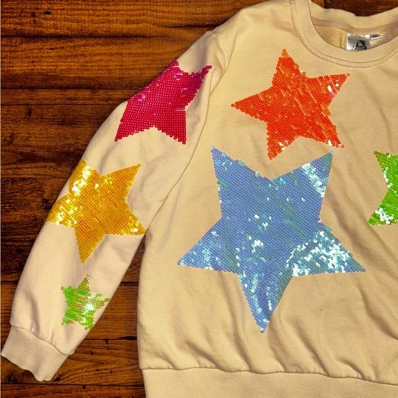 Queen Of Sparkle ~ Medium ~ White W/ Multi-Colors Star Sequins Sweater (Read) - Picture 4 of 12